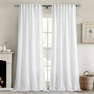 Soft White Linen Curtains | Dual-Use Straps and Rod Bag | Semi-Sheer Modern Farmhouse Style